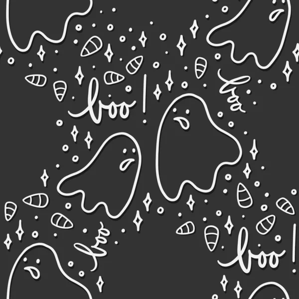 プリント生地の壁紙やウェブのための暗い背景に隔離された恐ろしい幽霊のシルエットと季節のモノクロリニア漫画ハロウィンシームレスパターン — ストックベクタ