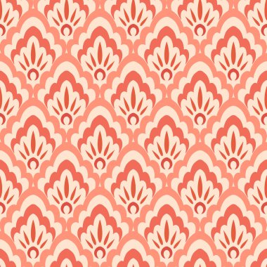 Soyut hassas dantel tipi damask şeftali rengi açık bej arka planda gölgeler geometrik dikişsiz desen