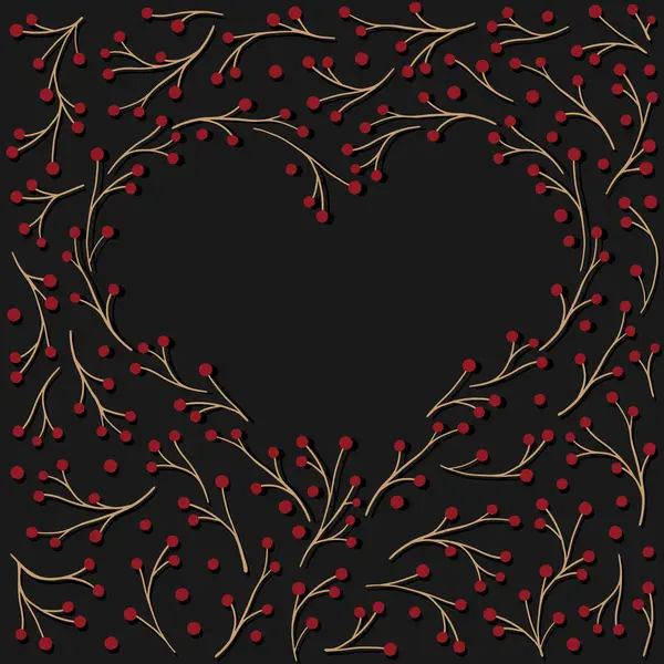 暗い背景で隔離されたロマンチックなカラフルなベクターセンターピースと赤い果実の小さな枝で作られた手描きハートの形 ロイヤリティフリーストックベクター