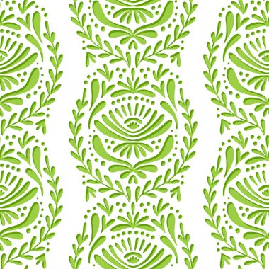 dikey dantel tipi botanik tarzı açık yeşil arkaplanda beyaz monokrom dikişsiz desen