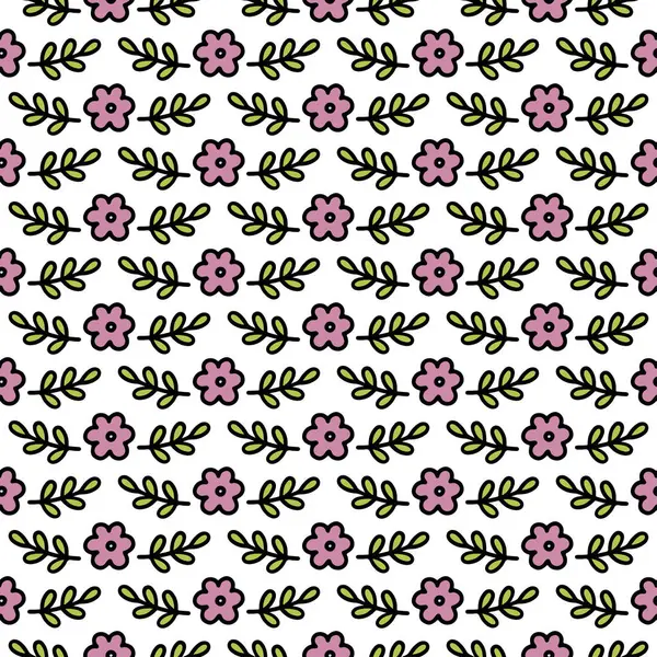 Delicate Roze Paarse Botanische Kleine Bloemen Bladeren Regelmatige Rijen Lente Stockillustratie