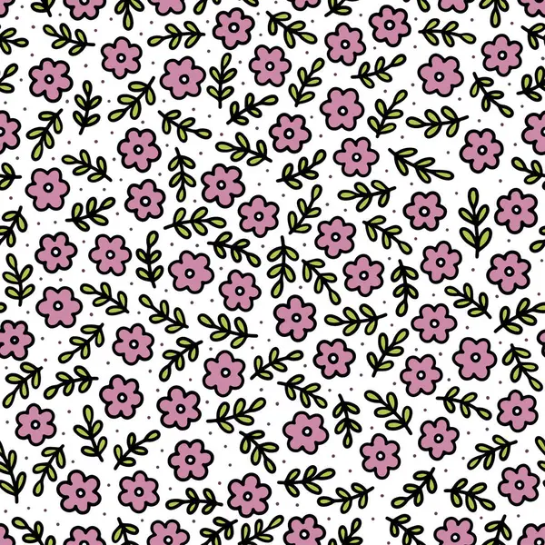 凌乱精致的粉红色紫色植物小花和叶子春节假期病媒无缝图案设置在白色背景上 免版税图库矢量图片