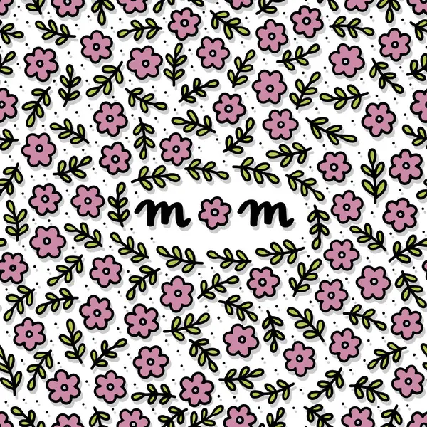 Delicate Linear Colorful Floral Mother Day Card Pink Tiny Flowers Stock Illustration