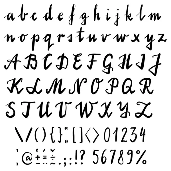 Рука Намальована Монохромними Маленькими Великими Літерами Цифри Знаки Ізольовані Білому Стоковий вектор