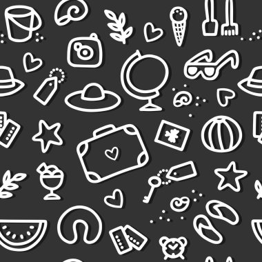 Karmaşık beyaz el çizilmiş seyahat vektörsüz desen ile koyu arkaplanda doğrusal karalama elementleri 