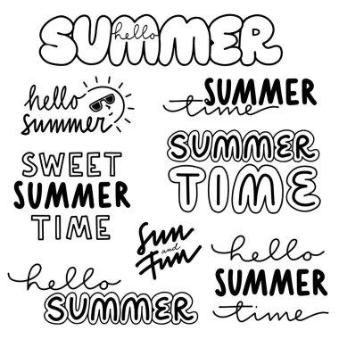 Tek renkli doğrusal soyut yaz zaman etiketi, tipografik ve grafik vektör karalama elemanlarıyla birlikte web ve yazdırma için izole edilmiş.