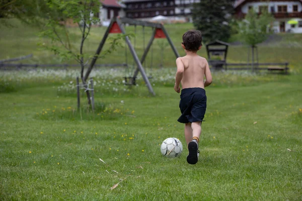 Schöner Kleiner Junge Spielt Fußball Auf Einer Wiese Stockbild