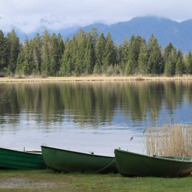 Üç yeşil kayık dekoratif bir şekilde kıyıya çekildi.