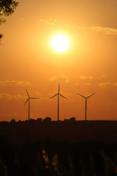 Три Ветряные Турбины Закате Солнца Легкими Облаками — стоковое фото