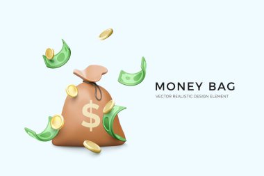 Üç boyutlu para çantası, dolar işareti, düşen yeşil kağıt para ve altın paralar. Bankacılık ve finans sektörü afişi. Vektör illüstrasyonu