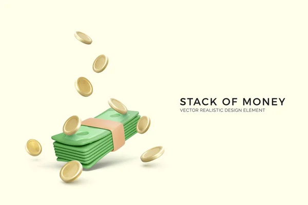 Green Dollars Pack Gold Coins Render Bunch Money Realistic Cartoon — Stock Vector