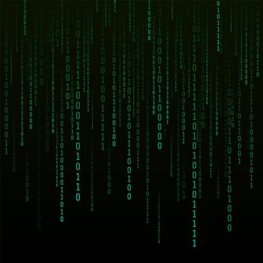 İkili matris arkaplanı. Matrix tarzında dijital veri akışı. Bir ve sıfır fütüristik arka plan. Vektör illüstrasyonu