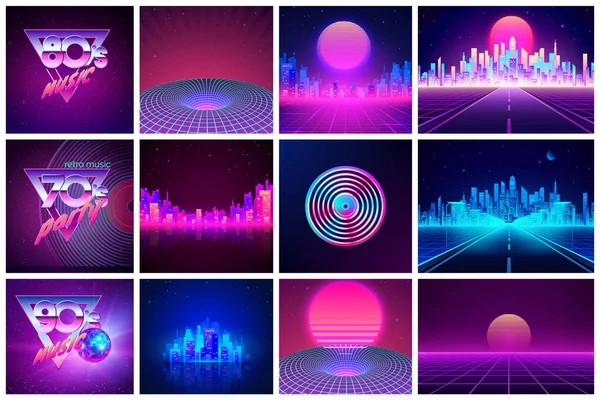 Retro Banners 80S Style Neon Colors Sci Futuristic Landscape Vector — Stock Vector