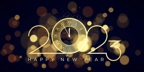 新年快乐2023 黄金数字和时钟倒计时五分钟 庆祝午夜 假日背景的光线模糊不清 矢量说明 — 图库矢量图片
