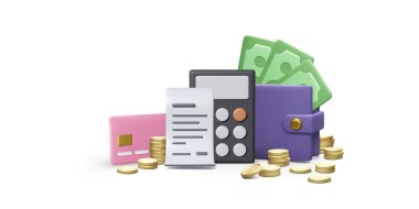 Üç boyutlu cüzdan, kağıt para, kredi kartı, finans faturası ve bozuk para desteleri. Para tasarrufu ve finans giderleri yönetimi. Banka hesabı depozitosu. Vektör illüstrasyonu