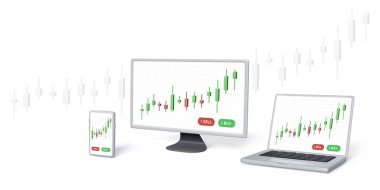 Çevrimiçi borsa bayrağı 3 boyutlu. Bilgisayar ekranda şamdan grafiği olan bilgisayar monitörü akıllı telefon. Başarı stratejisi çevrimiçi ticaret. Vektör illüstrasyonu 