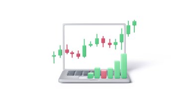 Stock exchange trading concept. Online trade on stock market. 3D render laptop, candlestick diagram and bar chart. Cryptocurrency exchange platform. Vector
