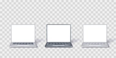 Siyah ve gümüş renkli üç boyutlu dizüstü bilgisayar seti. Laptop, iş tasarımları için beyaz ekran ile modelleme yapıyor. Vektör illüstrasyonu