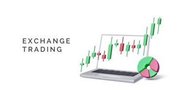 Çevrimiçi borsa ticaret afişi. Borsada ticaret. 3 boyutlu dizüstü bilgisayar, pasta grafiği ve şamdan diyagramı. Yatırım ve mali yönetim. Vektör