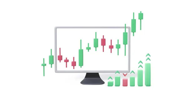 Monitor Dengan Bagan Candlestick Pada Layar Dan Grafik Batang Pasar - Stok Vektor