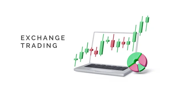 网上交易业务横幅 在股票市场上交易 3D渲染笔记本电脑 饼图和烛台图 投资和财务管理 — 图库矢量图片