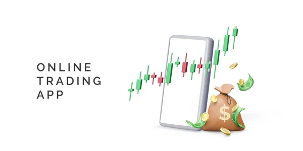 暗号通貨オンライン取引アプリ 3Dスマートフォンで燭台チャートとお金バッグ 株式市場への投資と利益を得る ベクターイラスト — ストックベクタ