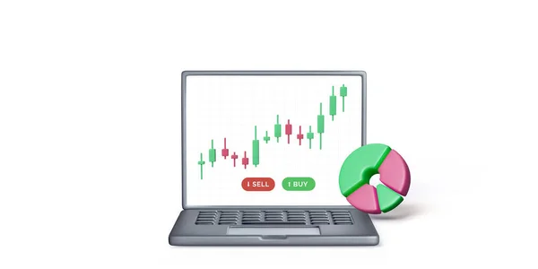 Black Laptop Candlestick Chart Screen Pie Diagram Stock Market Analysis — Stock Vector