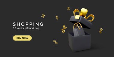 3D open gift and shopping bag. Holiday special offer. Black friday promotion banner. Discount poster with percent symbol, gift box and shop bag. Vector illustration clipart