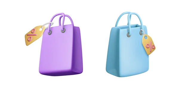 带有折扣标签的3D纸袋 紫色和蓝色购物袋 价格标签 商店包装上贴有百分比标识的销售标签 矢量说明 — 图库矢量图片
