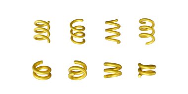Üç boyutlu altın spiral set. Lüks konfeti dekorasyonu. Doğum günü partisi geçmişleri için parlak bir festival tasarımı. Vektör illüstrasyonu