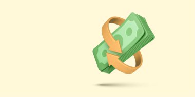 Ok dolar banknotlarını döndürdü. Üç boyutlu karikatür demetinde nakit para var. Nakit para ve geri ödeme. Döviz bürosu. Kağıt para transferi. Para biriktiriyorum. Vektör illüstrasyonu
