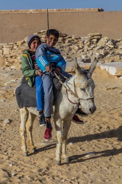 SAQQARA, EGYPT - 31 Ocak 2019: Mısır 'ın Saqqara kentindeki Djoser (Zoser) cenaze kompleksinde eşeğin üzerindeki yerel çocuklar
