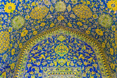 ISFAHAN, IRAN - JULY 9, 2019: Decoration of the Shah Mosque in Isfahan, Iran