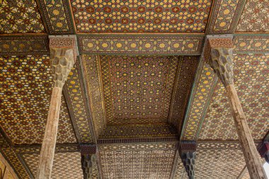 ISFAHAN, IRAN - JULY 9, 2019: Terrace ceiling of Ali Qapu Palace in Isfahan, Iran