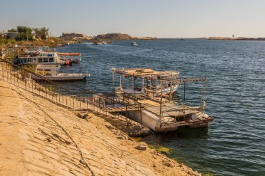 Boats at the Aswan High Dam reservoir from the dam, Egypt