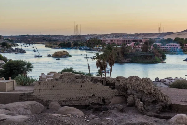 Old ruins at the Elephantine island and river Nile in Aswan, Egypt