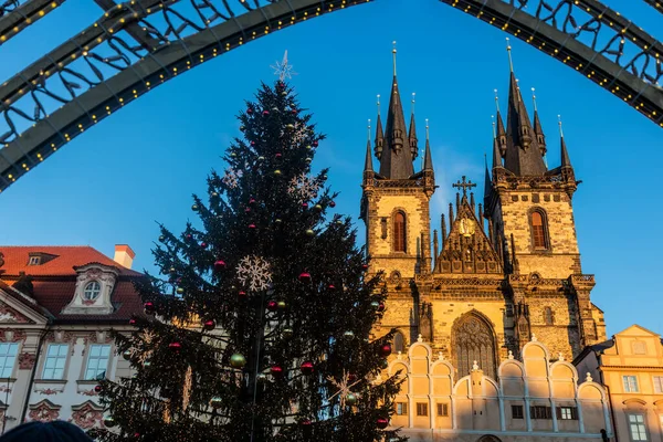 Pohled Vánoční Stromek Kostel Panny Marie Před Týnem Staroměstském Náměstí — Stock fotografie