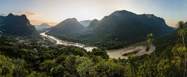Сансет Панорамний Вид Села Муанг Нгой Неуа Річки Нам Точки — стокове фото