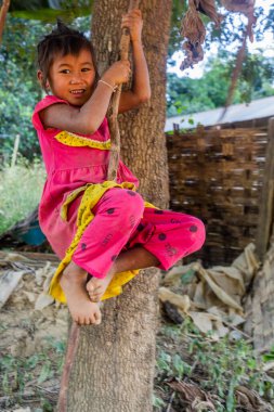 NAMKHON, LAOS - 18 Kasım 2019: Luang Namtha kasabası yakınlarındaki Namkhon köyündeki bir ağacın üzerindeki yerel kız