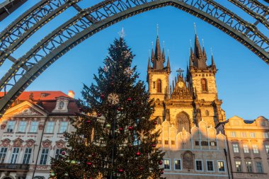 Çek Cumhuriyeti 'nin Prag kentindeki eski kasaba meydanında Tyn' dan önce bir Noel ağacı ve Meryem Kilisesi manzarası