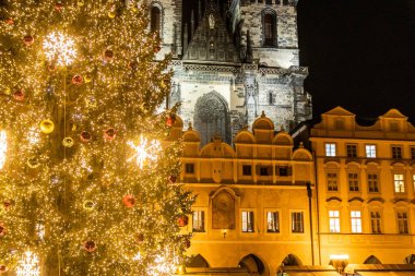 Çek Cumhuriyeti 'nin Prag kentindeki eski kasaba meydanında Tyn' dan önce bir Noel ağacı ve Meryem Kilisesi manzarası