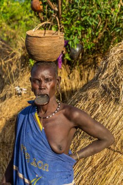 OMO VALLEY, ETHIOPIA - 6 Şubat 2020: Mursi kabilesi kadını Etiyopya 'daki köyünde