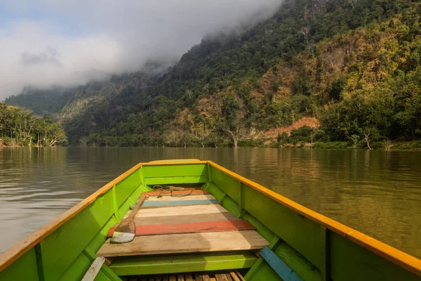 stock image Boat travelling on Nam Ou river, Laos