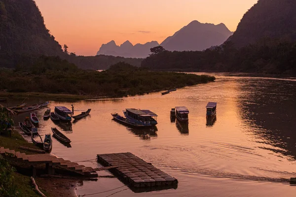 Вид Човни Річці Нам Селі Муанг Нгой Неуа Лаос — стокове фото
