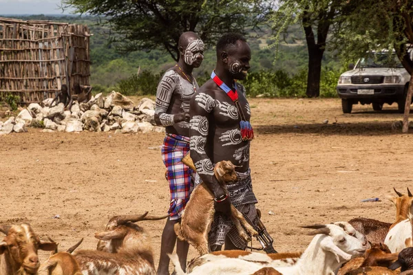 stock image KORCHO, ETHIOPIA - FEBRUARY 4, 2020: Karo tribal men with a rifle and goats in Korcho village, Ethiopia