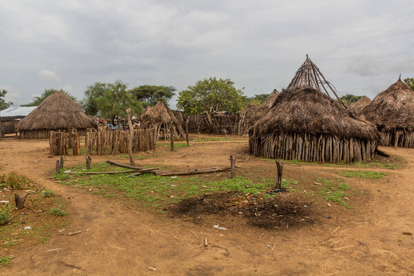 Huts of Korcho village inhabited by Karo tribe, Ethiopia