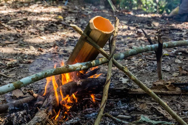 Суп Готовится Бамбуке Лесу Недалеко Города Луанг Намта Лаос — стоковое фото