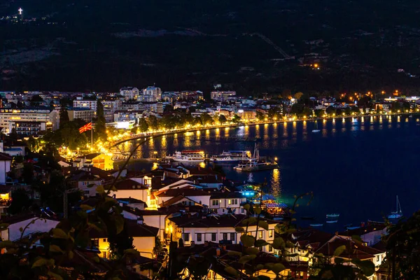 Vista Aérea Noturna Cidade Ohrid Macedônia Norte — Fotografia de Stock