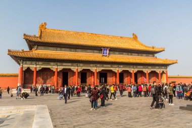 BEIJING, ÇİN - 18 Ekim 2019: Pekin, Çin 'deki Yasak Şehirde Uyumu Koruma Salonu