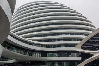 BEIJING, ÇİN - 17 Ekim 2019: Pekin, Çin 'deki Galaksi SOHO kompleks binasının ayrıntıları